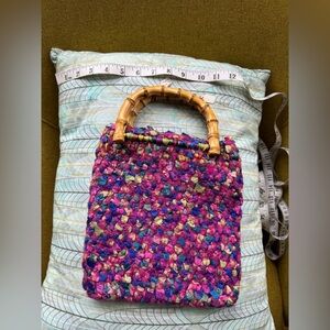 Handcrafted Multicolor felted wool and ribbon Satchel with Wooden Handle